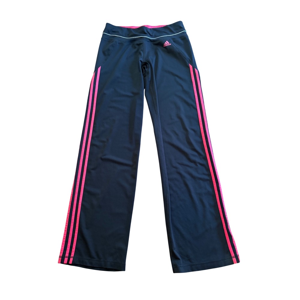Adidas Climalite Wide Leg Pants Womens Medium Black Pink 3 Stripe Yoga Athletic